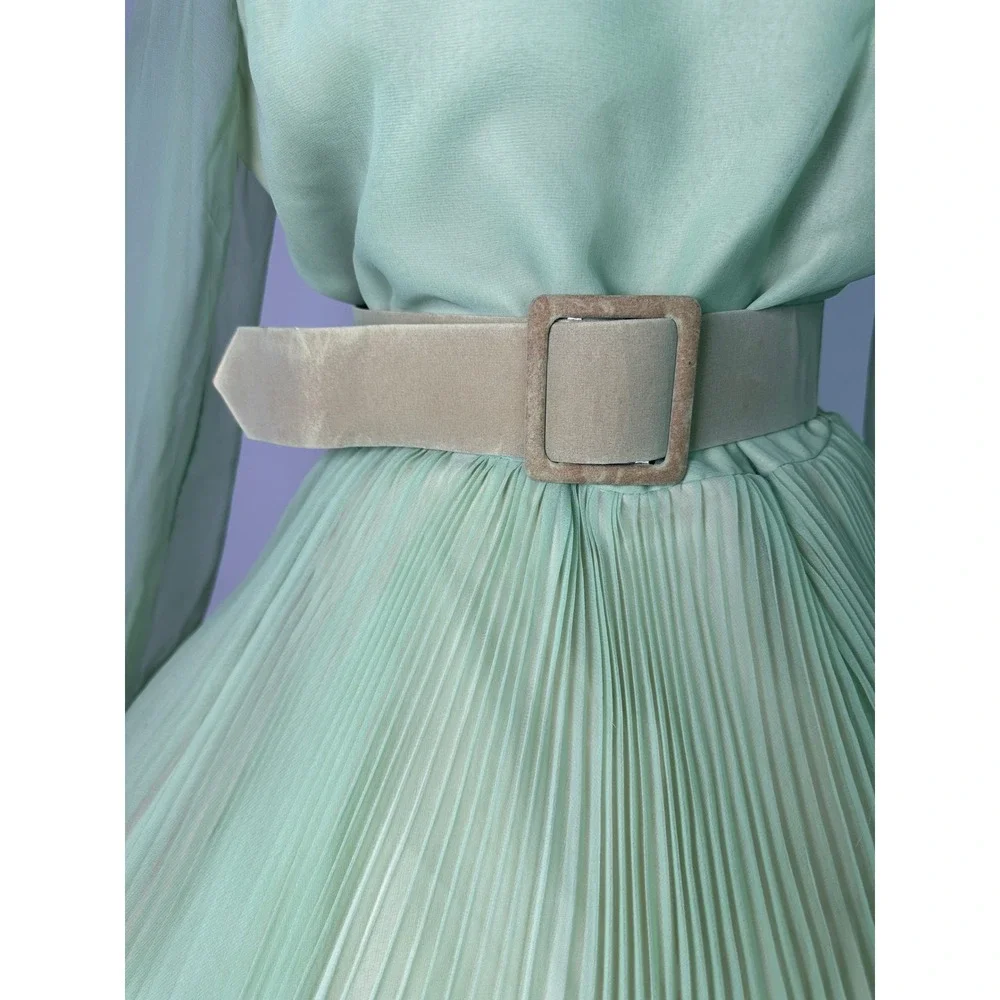 Vintage 70s Jack Bryan Pastel Green Chiffon‎ Pleated Midi Dress Mock Neck Belted